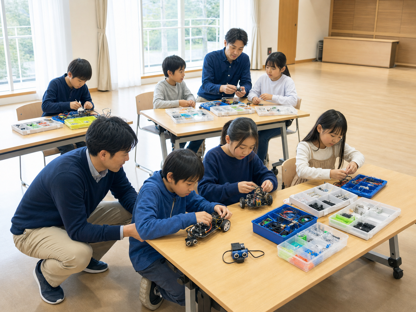 地域施設で複数のグループが参加する電子工作ワークショップのイメージ